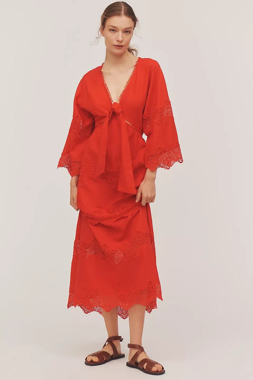 NWT Farm Rio x Anthropologie V-Neck Tie-Front Midi Dress Red Size Small